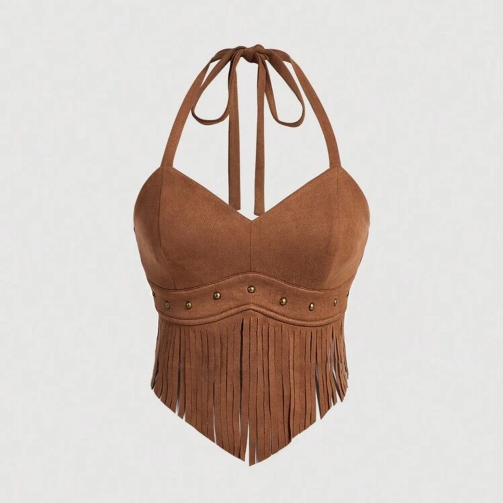 SHEIN MOD Plus Size Vintage Brown Suede Tassel Halter Neck Top